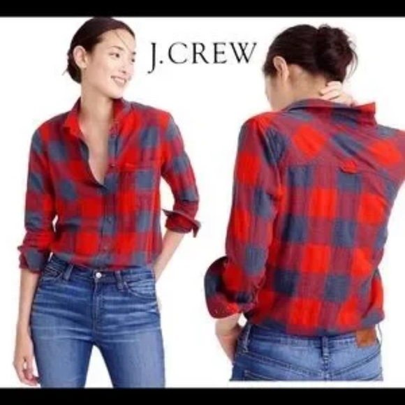J. Crew Tops - J.Crew Red Fiery Sunset Plaid Check Boy Shirt Button-down Top Size 10
